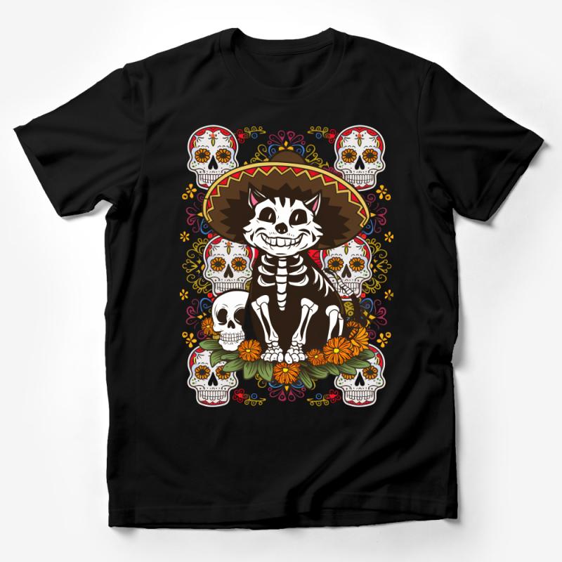 Cat Skeleton Dia de los Muertos T-Shirt, Mexican Sugar Skull Tee, Folk Art Cat Lover Shirt, Unique Halloween Costume Apparel Male T-Shirt