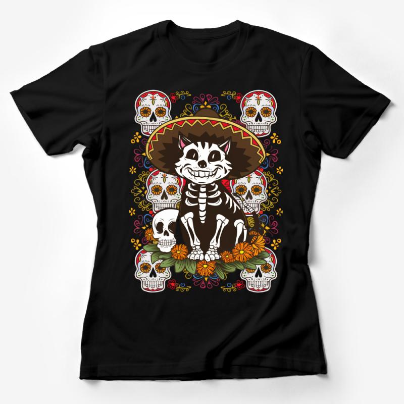 Cat Skeleton Dia de los Muertos T-Shirt, Mexican Sugar Skull Tee, Folk Art Cat Lover Shirt, Unique Halloween Costume Apparel Female T-Shirt