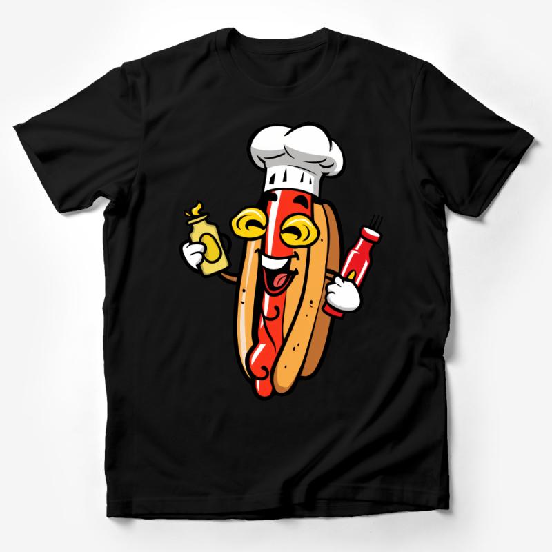 Cartoon Hot Dog Chef T-Shirt, Funny Sausage Character Tee, Mustard and Ketchup, Unisex Graphic Shirt for Foodies Male T-Shirt