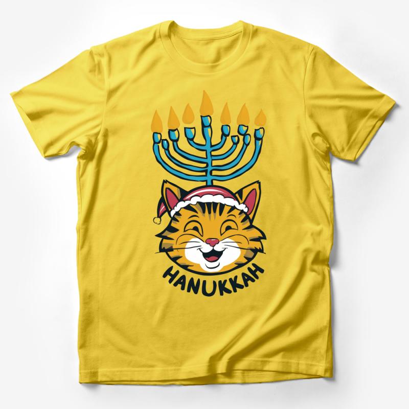 Hanukkah Cat T-Shirt, Funny Hanukkah Menorah and Cat, Jewish Holiday Tee, Santa Hat Kitten, Chanukah Gift, Unisex Shirt for All Ages Male T-Shirt