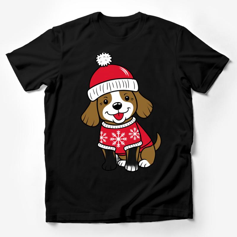 Cute Dog in Winter Hat T-Shirt, Holiday Pet Lover Tee, Christmas Dog in Sweater, Unisex Adult and Kids Shirt Male T-Shirt