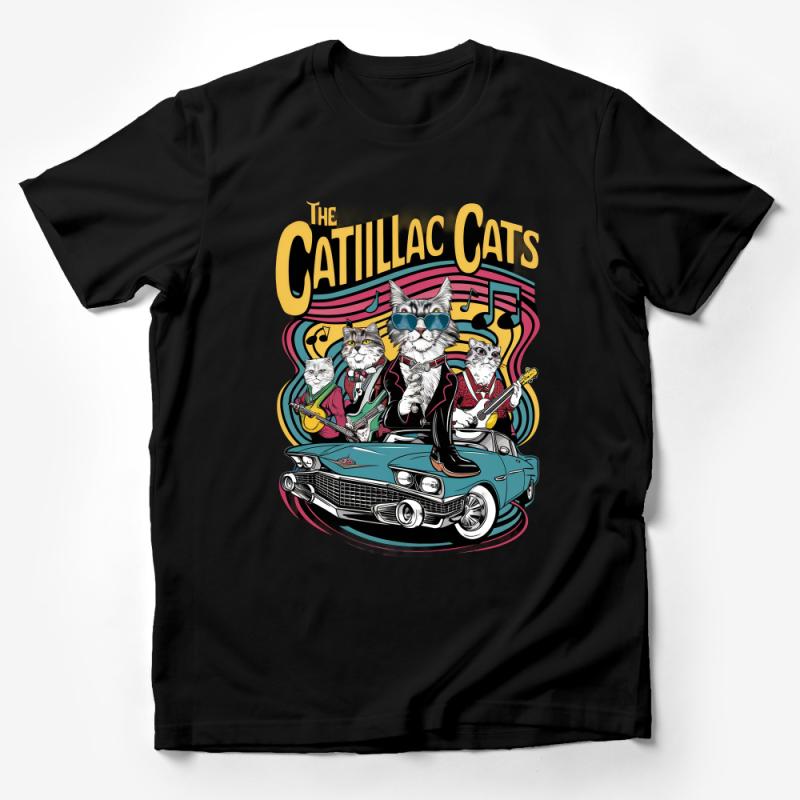 Retro Cat Band Tee, Colorful Cadillac Cats Graphic T-Shirt, Vintage Style Unisex Apparel, Cool Cat Music Lovers Shirt Male T-Shirt