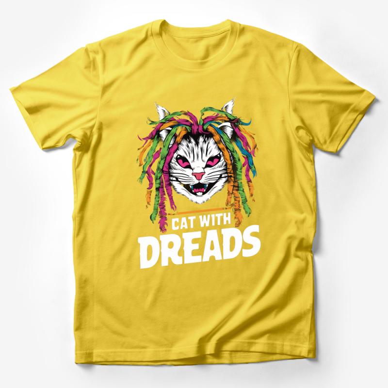 Funky Cat with Dreads T-Shirt, Colorful Dreadlock Cat Tee, Unisex Graphic Tee, Whimsical Animal Shirt, Urban Streetwear, Gift for Cat Lovers Male T-Shirt