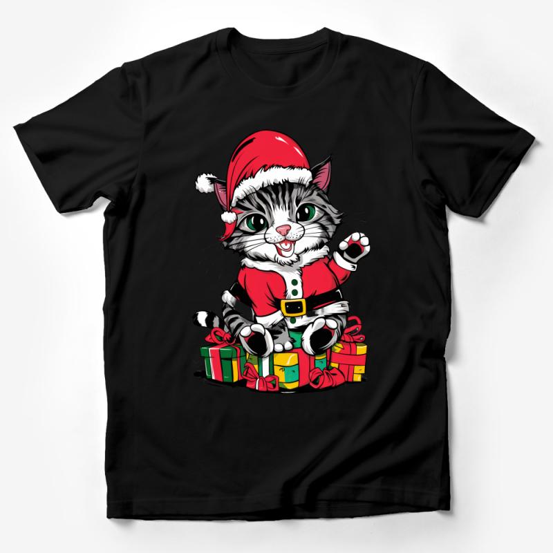 Christmas Cat T-Shirt, Santa Kitty with Presents, Festive Feline Holiday Outfit, Cute Animal Lover Gift, Unisex Tee for Winter Male T-Shirt