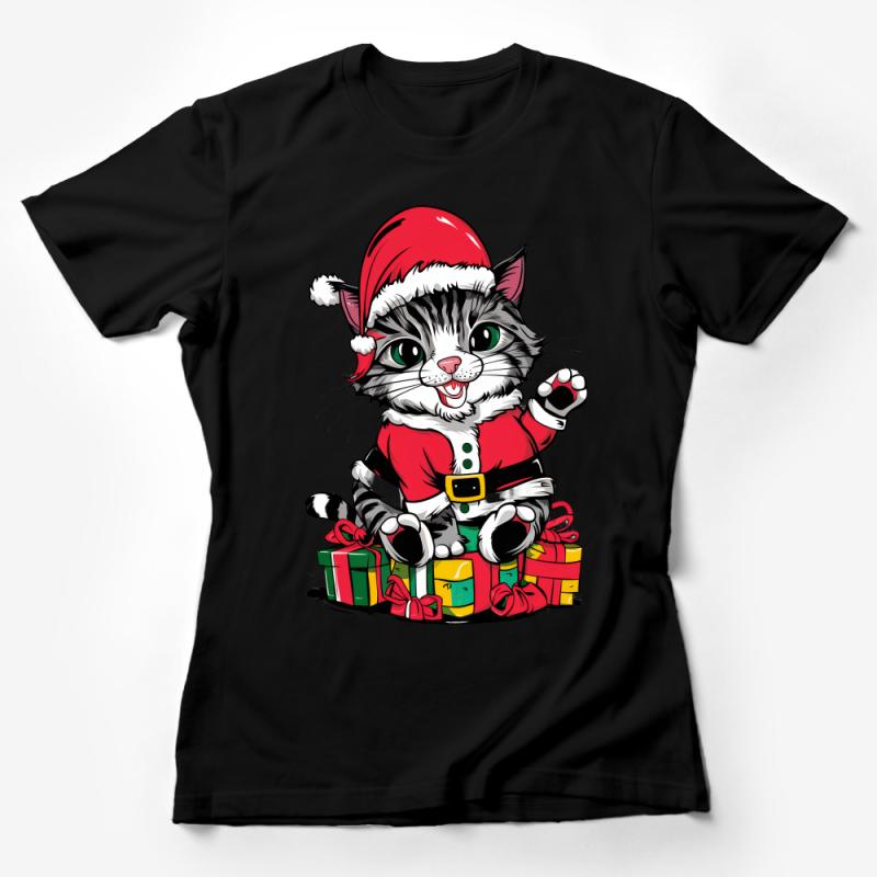 Christmas Cat T-Shirt, Santa Kitty with Presents, Festive Feline Holiday Outfit, Cute Animal Lover Gift, Unisex Tee for Winter Female T-Shirt