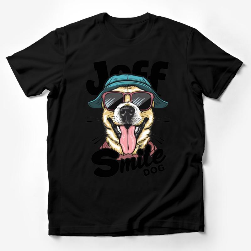 Cool Dog with Sunglasses and Hat Graphic T-Shirt, Funny Smile Dog Tee, Unisex Casual Wear, Trendy Animal Shirt for Dog Lovers Male T-Shirt