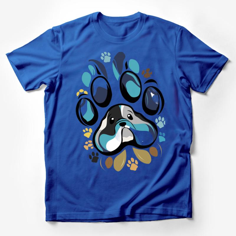 Colorful Dog Paw and Face Illustration T-Shirt, Cute Pet Lover Gift, Unisex Graphic Tee, Animal Art Casual Wear Male T-Shirt