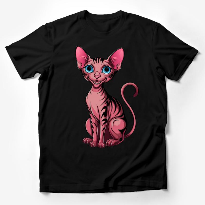 Cute Pink Sphynx Cat Graphic T-Shirt, Fun Cartoon Cat Lover Tee, Unique Animal Illustration Shirt, Casual Wear Male T-Shirt