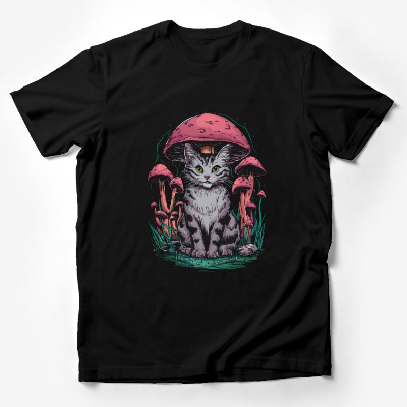 Whimsical Cat Under Mushroom, Cute Feline Illustration T-Shirt, Fantasy Cat Lover Gift, Unisex Graphic Tee Male T-Shirt