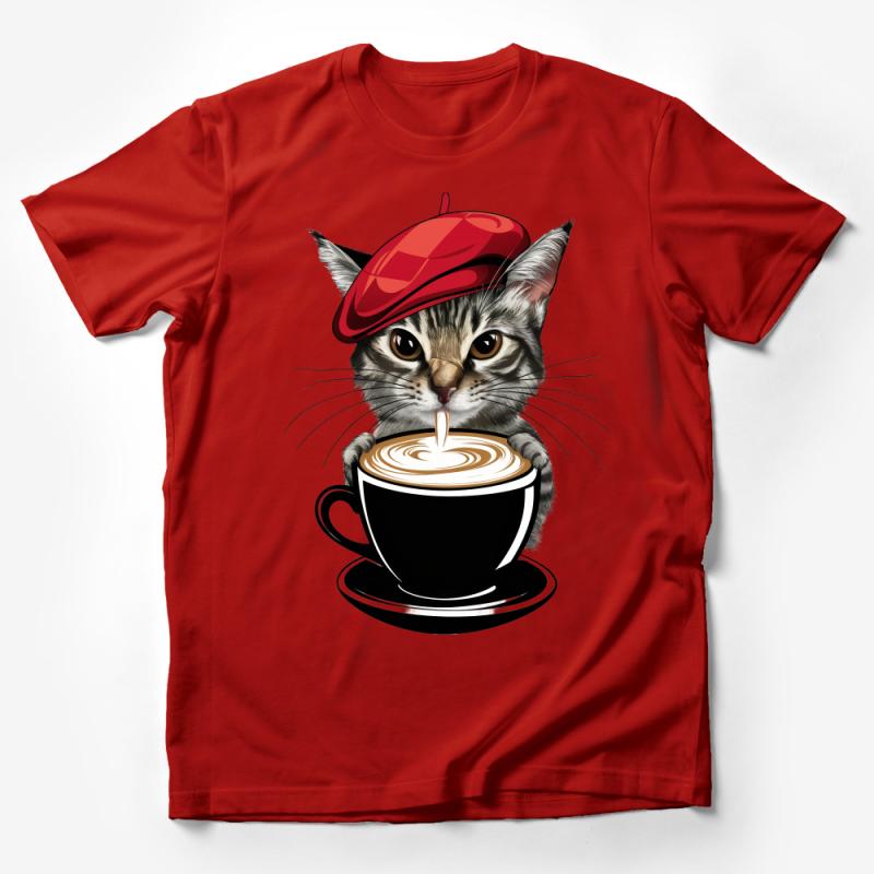 Cat in Red Beret Drinking Coffee Graphic Tee, Cute Kitty Barista T-Shirt, Unisex Cat Lover Top Male T-Shirt