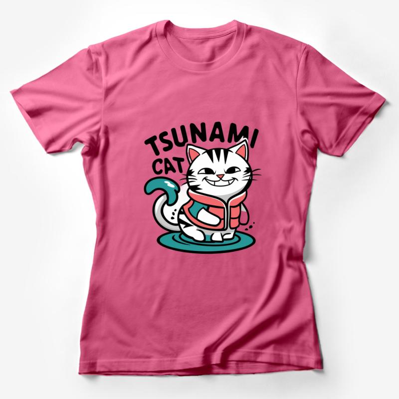 Tsunami Cat T-Shirt, Funny Surfing Cat Tee, Cute Feline Surfer Shirt, Kawaii Cat Lover Gift, Beach Themed Casual Wear Female T-Shirt