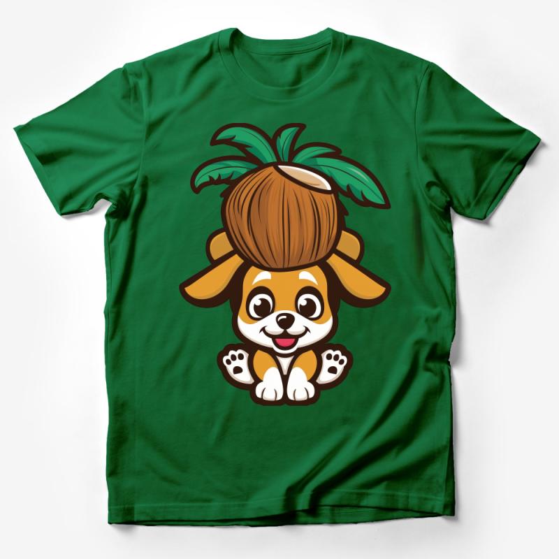 Cute Puppy with Coconut Hat Illustration T-Shirt, Tropical Dog Cartoon Shirt, Unisex Tee for Dog Lovers, Summer Casual Wear Male T-Shirt