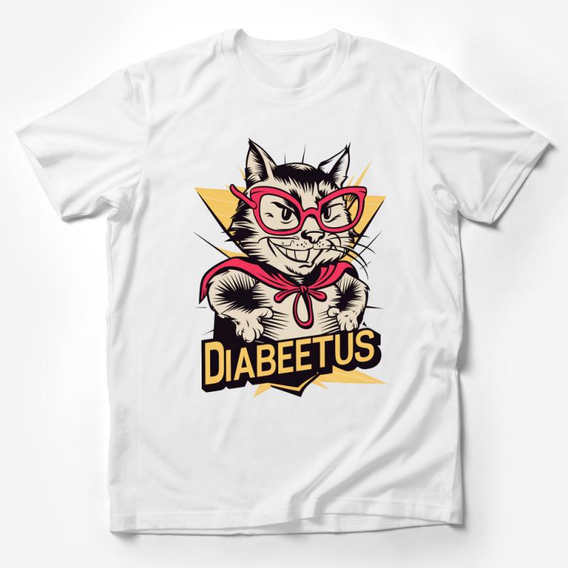 Funny Cat Superhero Diabeetus T-Shirt, Geeky Comic Style Cat Lover Tee, Unique Graphic Novelty Shirt, Pet Humor Apparel Male T-Shirt