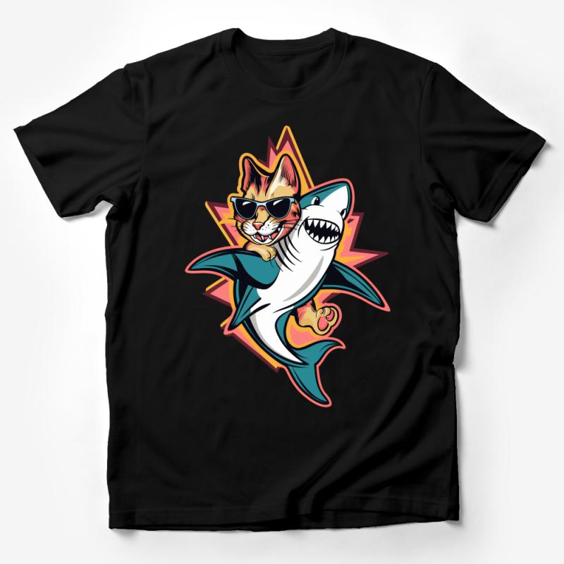 Cool Cat Shark Graphic T-Shirt, Hipster Cat Riding Shark Tee, Unisex Summer Beach Shirt, Animal Mashup Top, Unique Fun Tee for All Ages Male T-Shirt