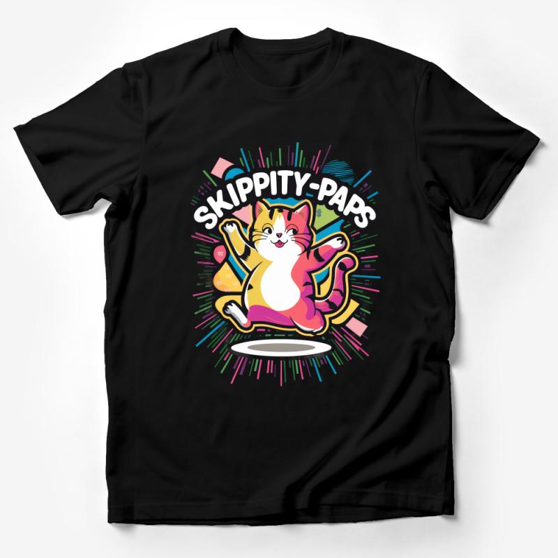 Colorful Skippity-Paps Cat T-Shirt, Fun Feline Graphic Tee, Cute Kitten Shirt for Cat Lovers, Unisex Casual Wear Male T-Shirt