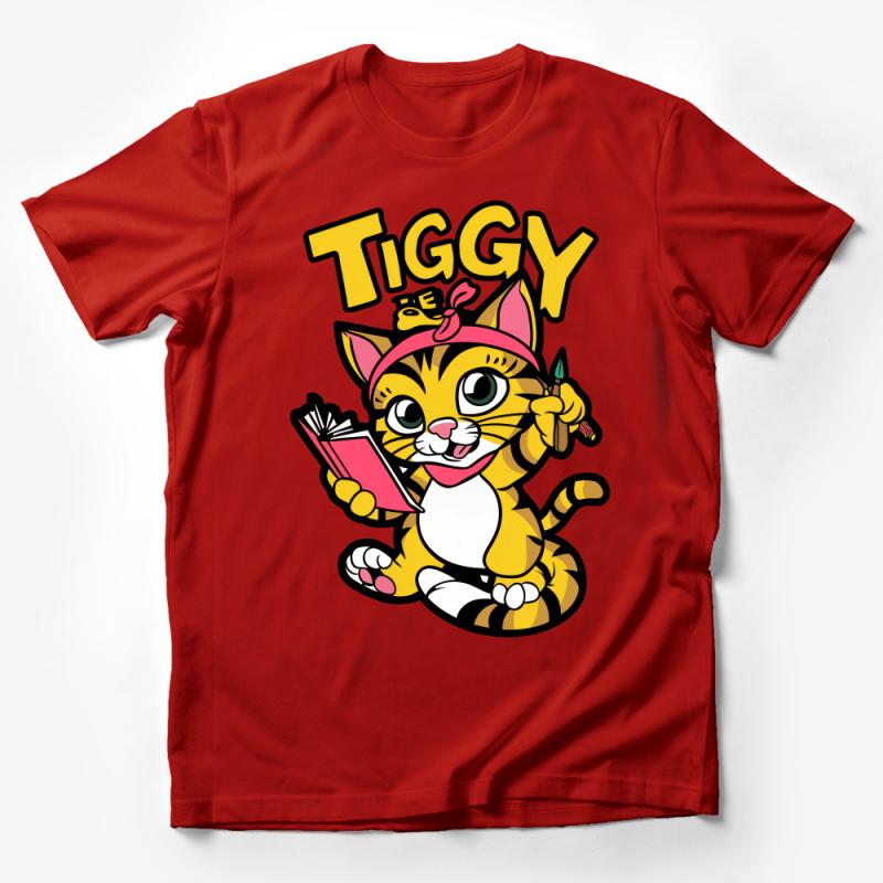 Cute Cartoon Cat T-Shirt, Tiggy the Reading Kitty, Colorful Graphic Tee for All Ages, Book Lover Gift Male T-Shirt