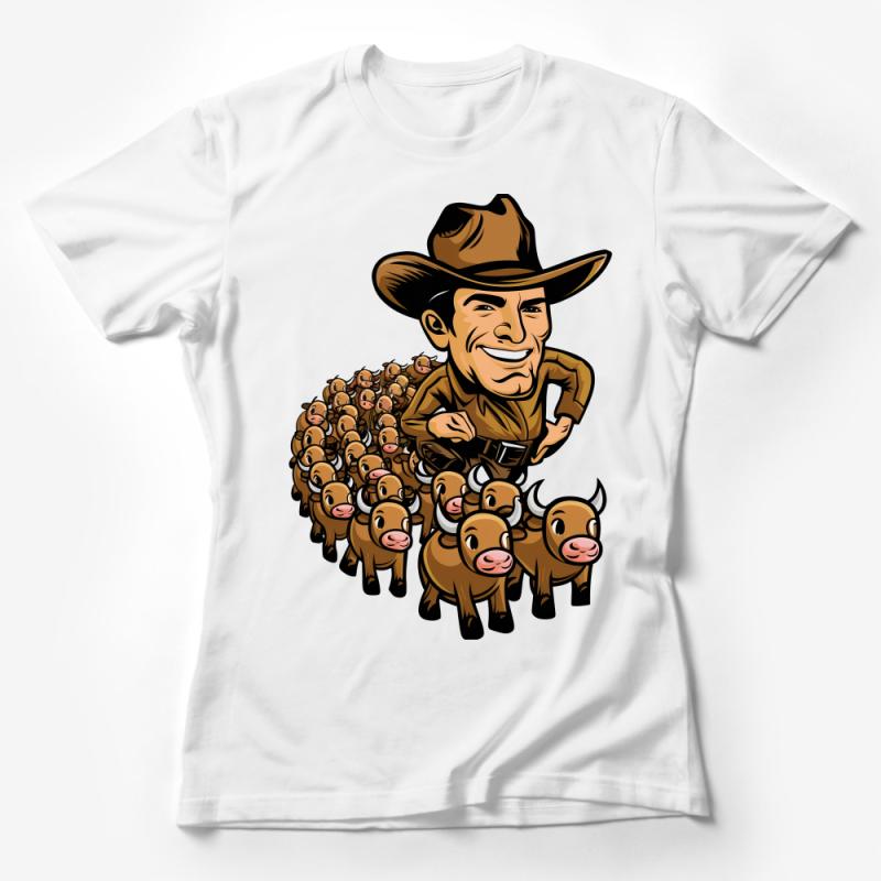 Cartoon Cowboy Herder T-Shirt, Funny Western Rancher Tee, Unique Cattle Graphic Shirt, Gift for Farmers Female T-Shirt