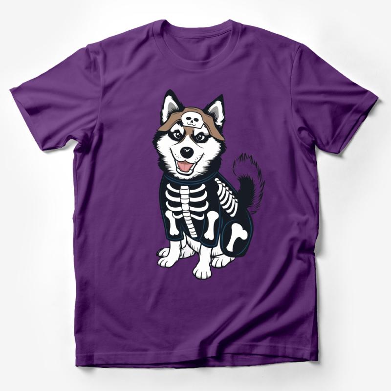 Cute Husky Skeleton Costume T-Shirt, Funny Dog Lovers Halloween Tee, Pet Bone Graphic Shirt, Unisex Adult Clothing Male T-Shirt