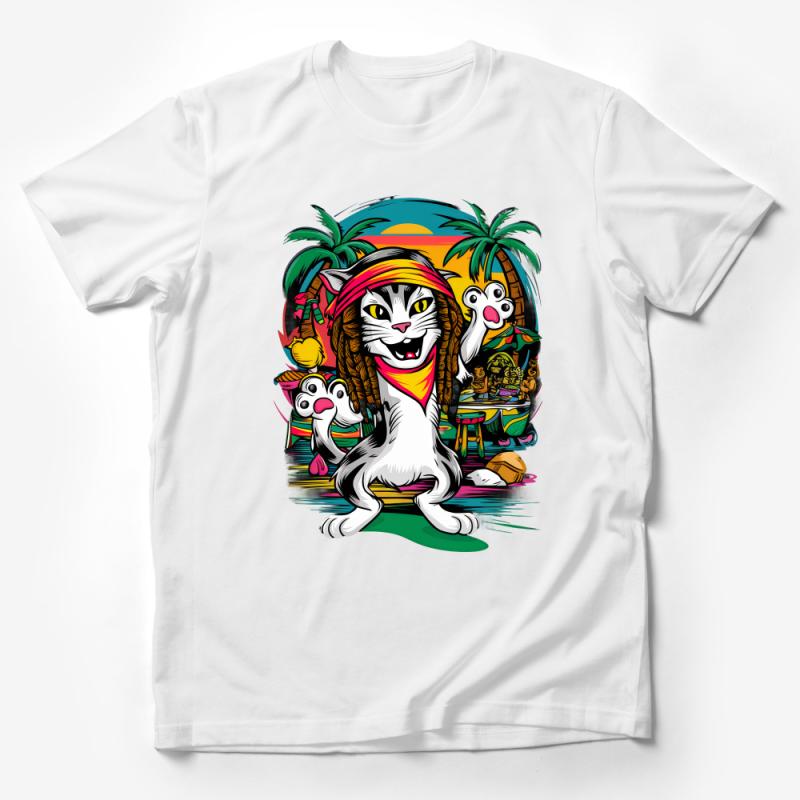 Tropical Cat and Dogs Cartoon T-Shirt, Funny Beach Party Animals Tee, Vibrant Summer Vacation Apparel for All Ages Male T-Shirt