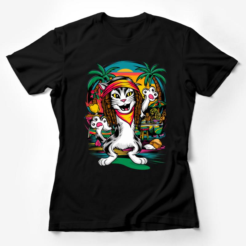 Tropical Cat and Dogs Cartoon T-Shirt, Funny Beach Party Animals Tee, Vibrant Summer Vacation Apparel for All Ages Female T-Shirt