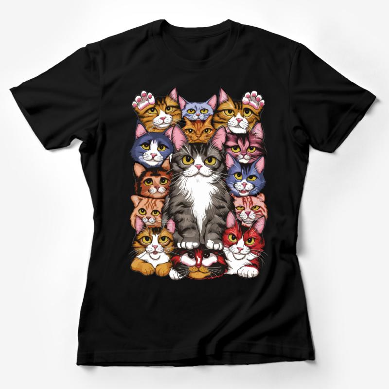 Colorful Cat Faces T-Shirt, Cute Feline Portrait Tee, Cat Lover Gift, Animal Graphic Shirt, Unisex Cat Print Top Female T-Shirt