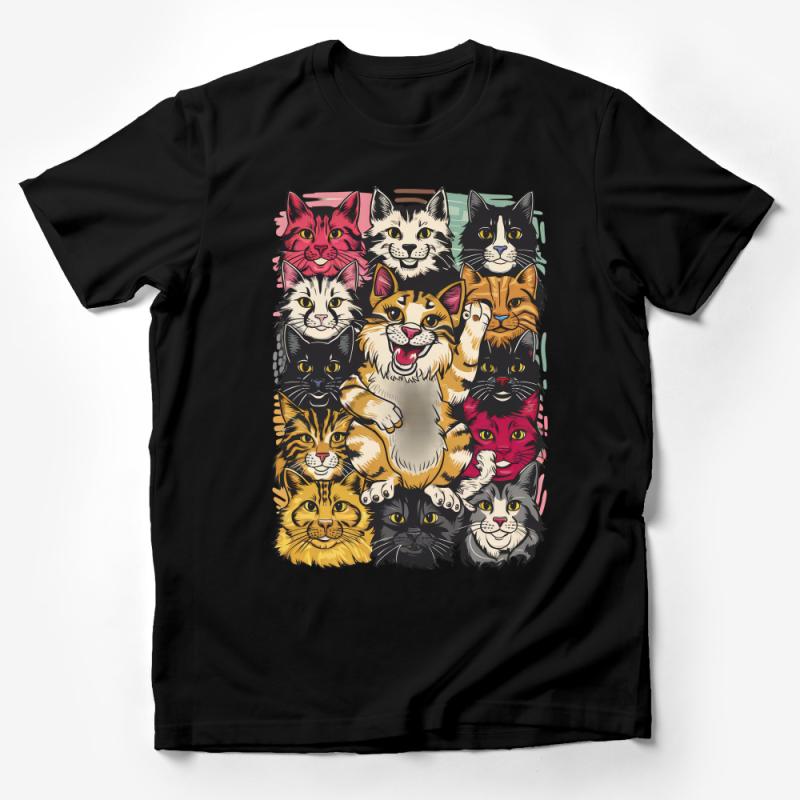 Colorful Cat Faces T-Shirt, Cute Cat Lover Tee, Whimsical Cat Illustration, Fun Feline Art Top, Gift for Cat Owners Male T-Shirt