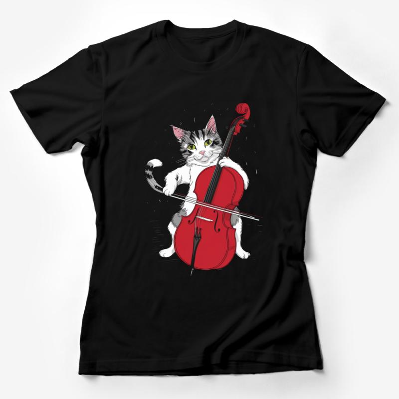 Cat Playing Cello T-Shirt, Cute Feline Musician Graphic Tee, Animal Music Lover Gift, Unisex Casual Comfort Wear Female T-Shirt