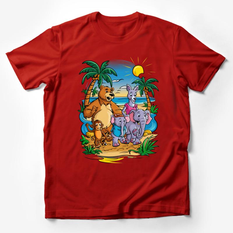 Tropical Animal Friends T-Shirt, Beach Sunset Graphic Tee, Cute Wildlife Illustration Shirt Male T-Shirt