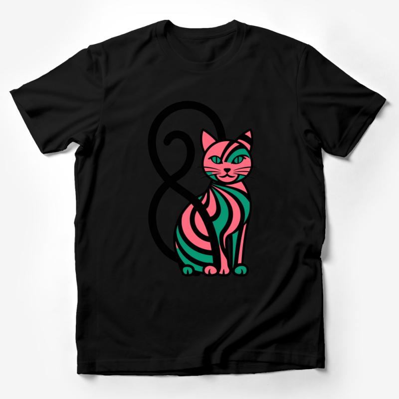 Whimsical Cat T-Shirt, Colorful Feline Art Tee, Unique Graphic Cat Lover Shirt, Unisex Adult Fashion Top, Trendy Pet Design Clothing Male T-Shirt