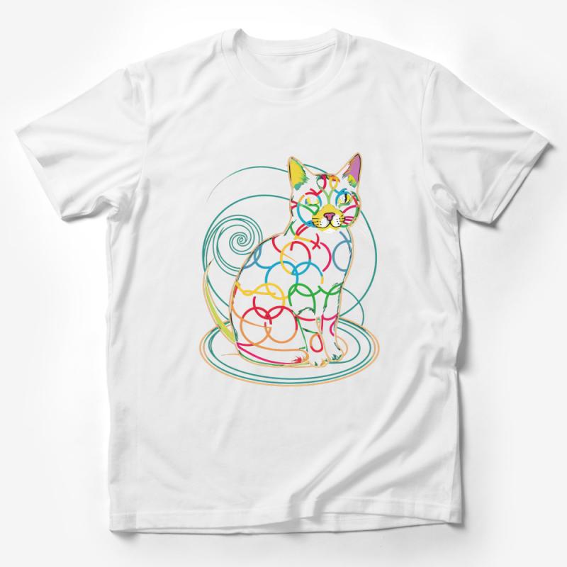 Colorful Abstract Cat Art T-Shirt, Whimsical Feline Graphic Tee, Unique Cat Lover Gift, Unisex Casual Wear, Artistic Design Top Male T-Shirt