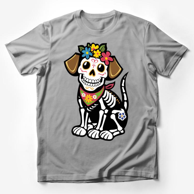 Day of the Dead Sugar Skull Dog T-Shirt, Floral Dia de Los Muertos Tee, Unisex Mexican Holiday Shirt, Colorful Canine Skeleton Top Male T-Shirt