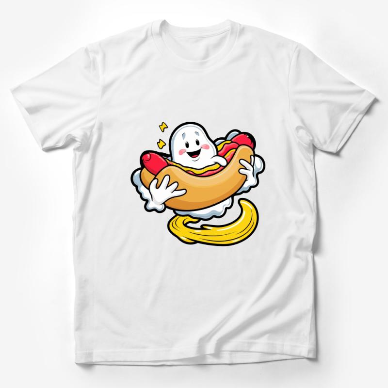 Cute Ghost Hot Dog Cartoon T-Shirt, Funny Halloween Foodie Tee, Casual Graphic Shirt, Unisex Apparel Male T-Shirt