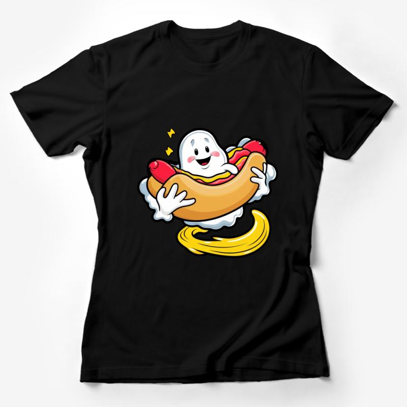 Cute Ghost Hot Dog Cartoon T-Shirt, Funny Halloween Foodie Tee, Casual Graphic Shirt, Unisex Apparel Female T-Shirt