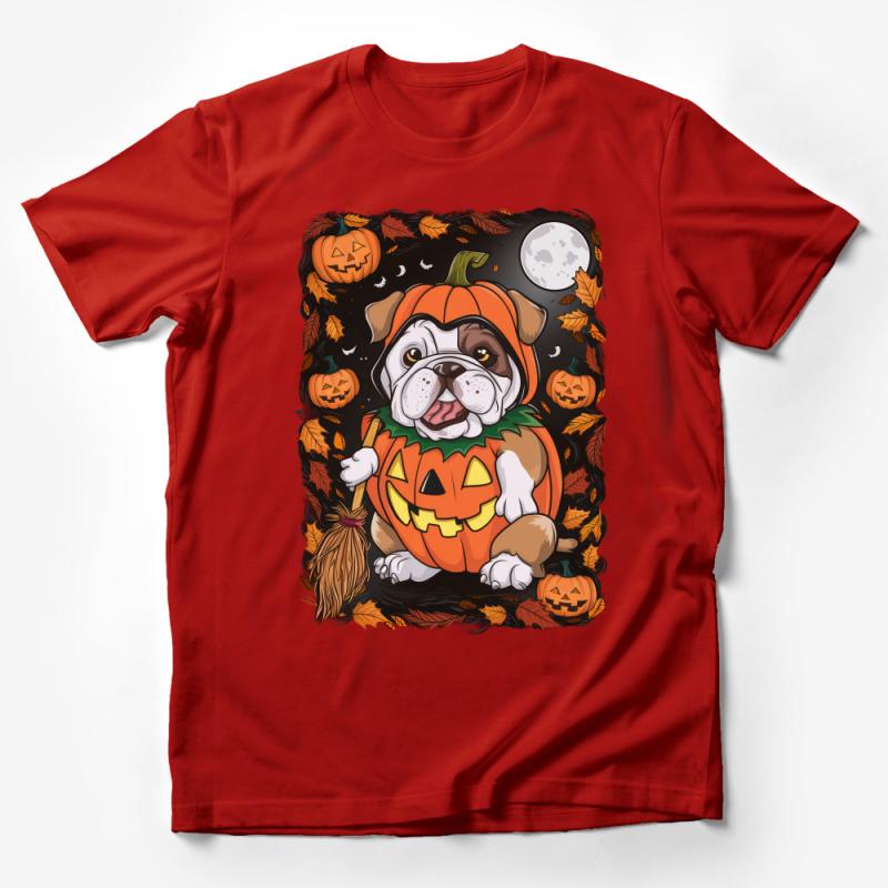 Halloween Dog T-Shirt, Cute Bulldog in Pumpkin Costume, Autumn Leaves and Jack-O'-Lanterns Tee, Fall Festive Pet Lover Gift, October Moon Male T-Shirt