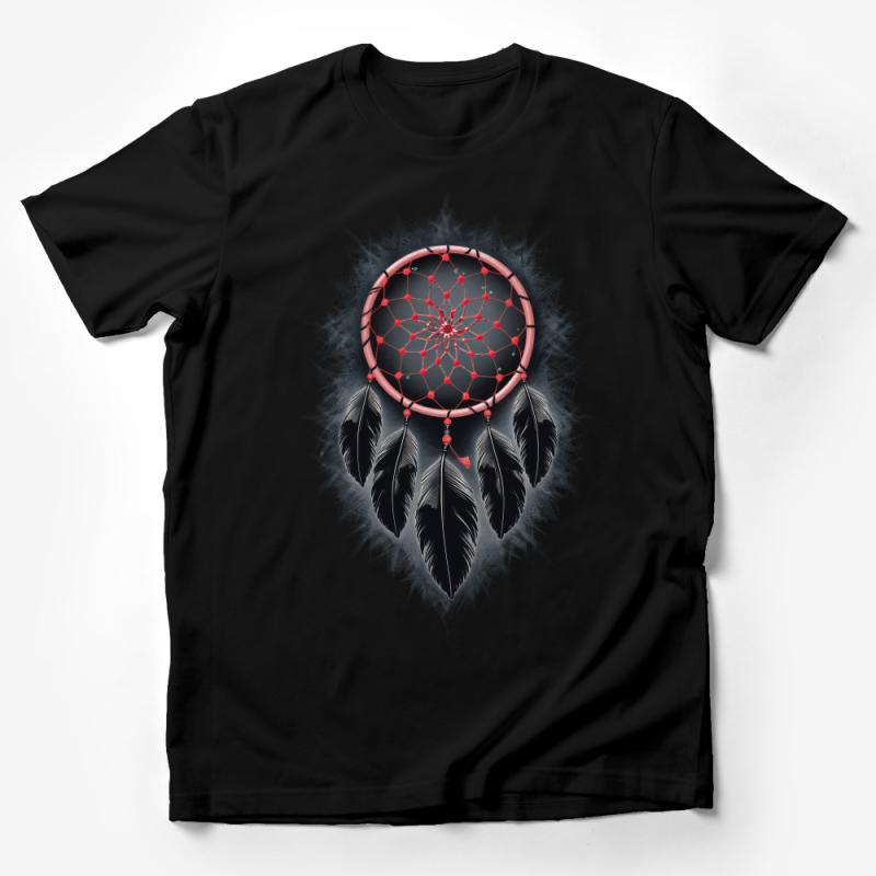 Black and Red Dreamcatcher T-Shirt, Boho Style Feather Graphic Tee, Unisex Adult Clothing, Spiritual Wear, Gift Idea Male T-Shirt