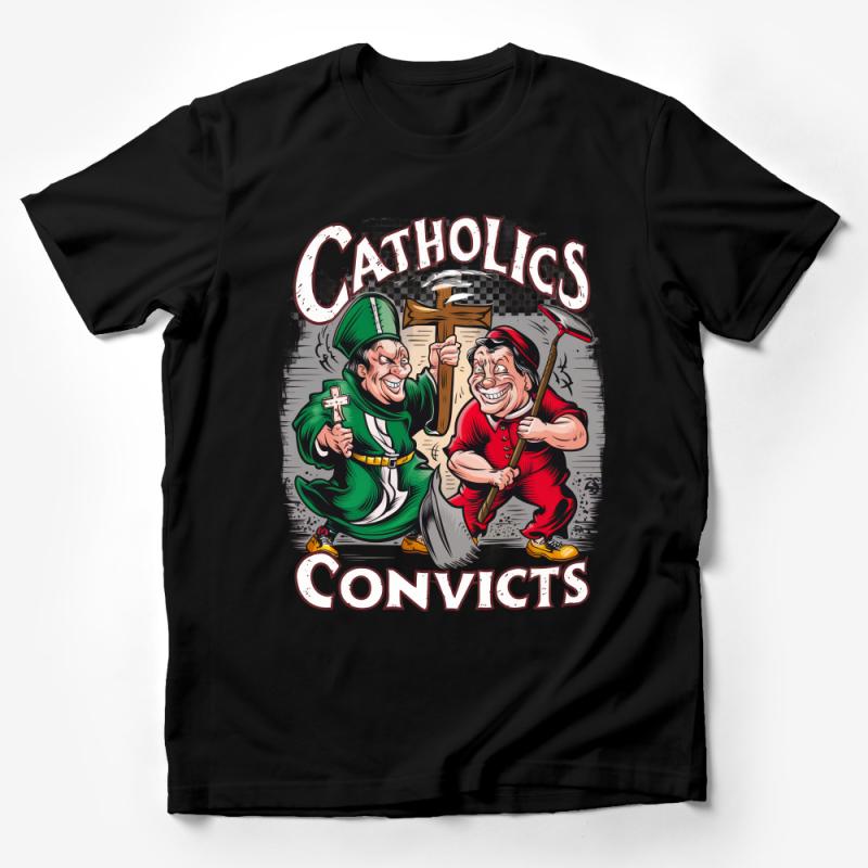 Funny Catholics Convicts Cartoon T-Shirt, Novelty Religious Humor Tee, Unisex Adult Graphic Shirt, Comedy Clothing Gift Male T-Shirt