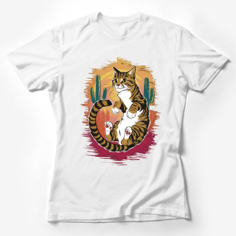 Cat Cactus Sunset Graphic Tee, Whimsical Feline Design T-Shirt, Unisex Casual Shirt for Cat Lovers Female T-Shirt