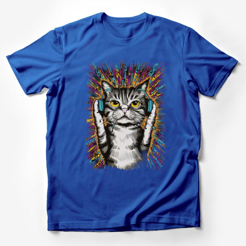 Cat With Headphones T-Shirt, Colorful Music Kitty Tee, Unisex Graphic Cat Lover Shirt, Cool Feline Apparel, Unique Animal Print Top Male T-Shirt