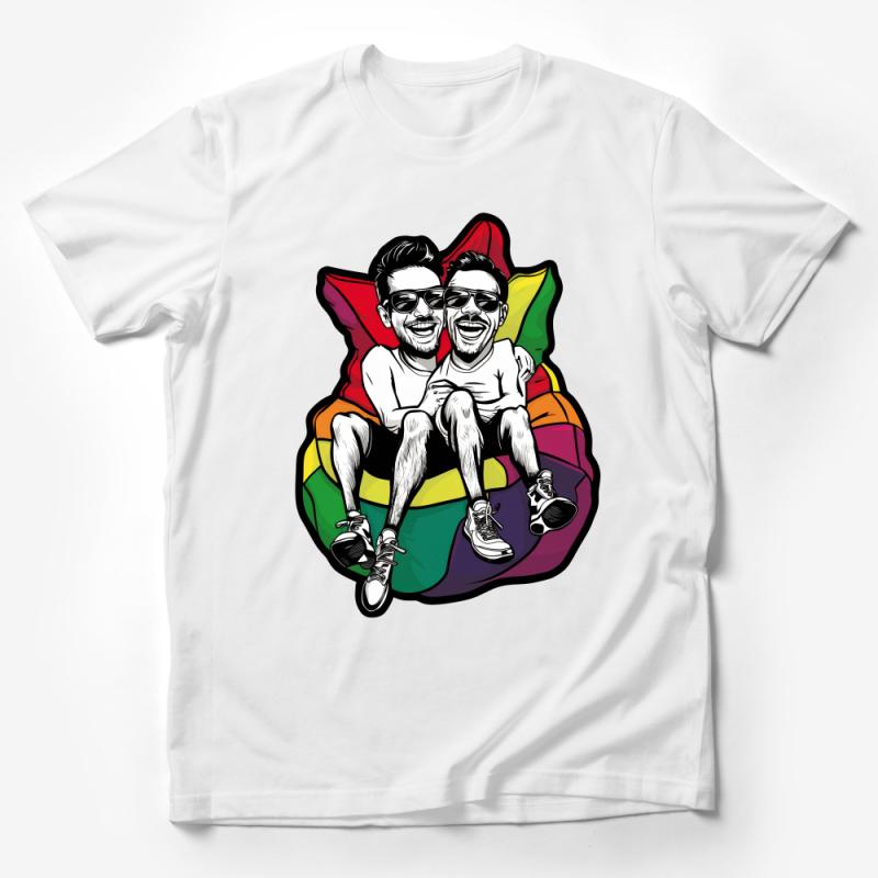 Rainbow Pride T-Shirt, Cartoon Couple Graphic Tee, LGBTQ+ Colorful Top, Unisex Casual Wear, Summer Festival Fashion, Love Wins Shirt Male T-Shirt