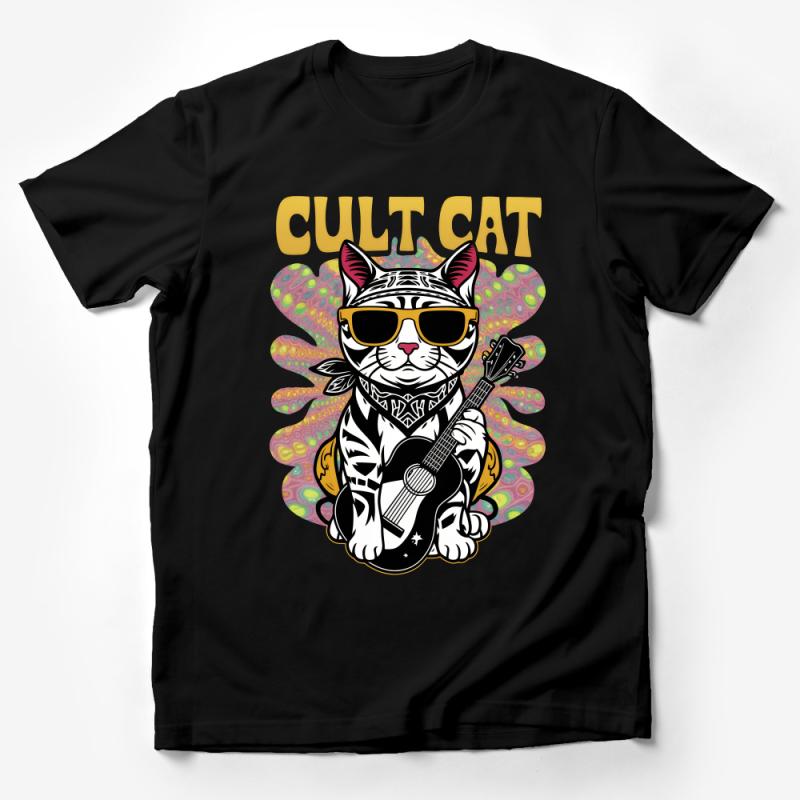 Funky Cat T-Shirt, Cool Cult Cat with Guitar, Hipster Cat Tee, Unique Animal Musician Shirt, Unisex Graphic Top, Indie Music Lover Gift Male T-Shirt