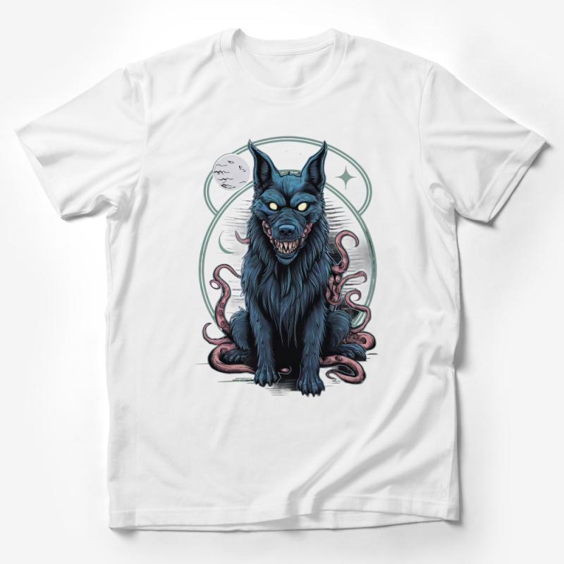 Mystical Wolf T-Shirt, Blue Werewolf with Tentacles, Moon Phases, Gothic Tee, Unisex Graphic Tee, Fantasy Animal Shirt, Adult Sizes Male T-Shirt