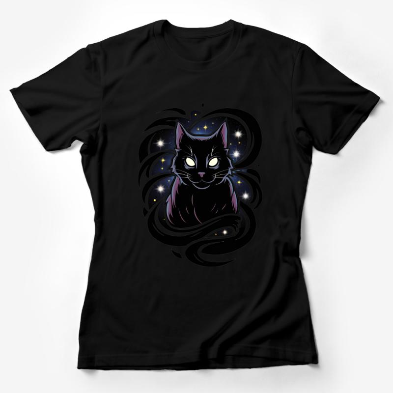 Mystical Black Cat T-Shirt, Cosmic Feline with Stars, Unisex Graphic Tee, Casual Witchy Clothing, Space Kitty Shirt, Unique Cat Lover Gift Female T-Shirt