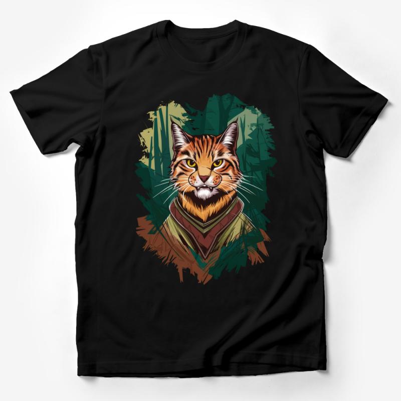 Majestic Cat Portrait T-Shirt, Artistic Feline Illustration Tee, Animal Lover Graphic Shirt, Vibrant Unique Cat Art Apparel, Unisex Male T-Shirt