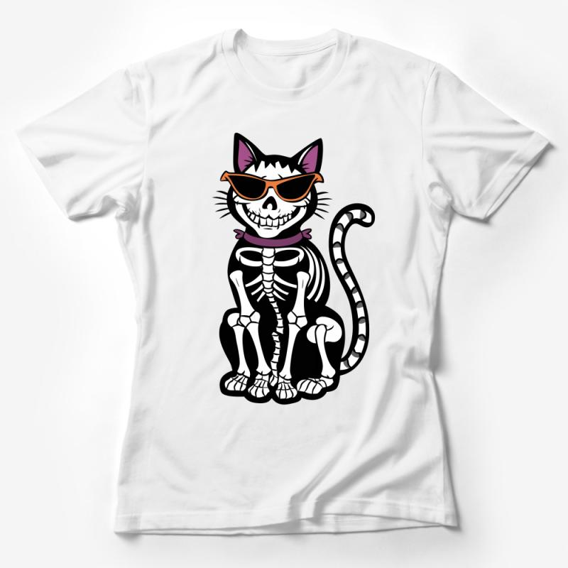 Funky Skeleton Cat T-Shirt, Cute Cat Lover Halloween Tee, Unique Hipster Cat Graphic Shirt, Unisex Casual Tee Female T-Shirt