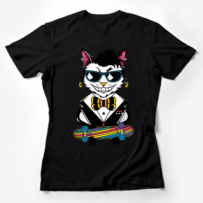 Hipster Cat Tee, Cool Cartoon Cat with Skateboard, Casual Streetwear T-Shirt, Unisex Graphic Tee for Skate Lovers Female T-Shirt