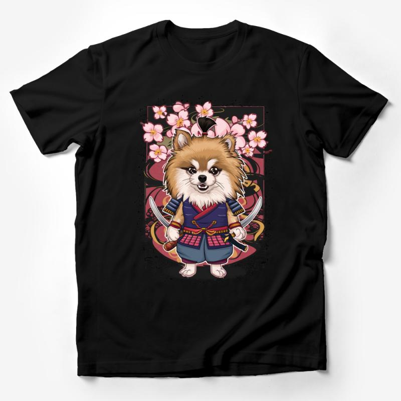 Samurai Dog T-Shirt, Cute Pomeranian Warrior with Swords, Floral Background, Unisex Graphic Tee, Animal Lover Shirt, Japanese Inspired Male T-Shirt