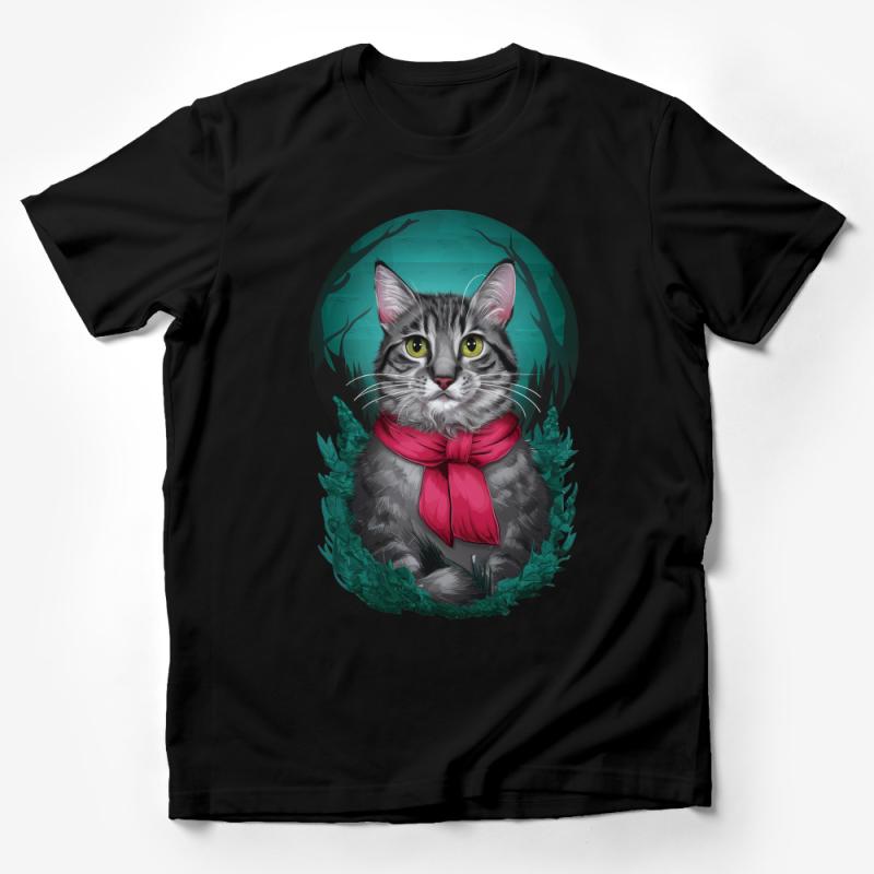 Cat T-Shirt with Red Scarf, Cute Kitten Graphic Tee, Animal Lover Gift, Unisex Adult Clothing, Nature Inspired, Pet Illustration Shirt Male T-Shirt