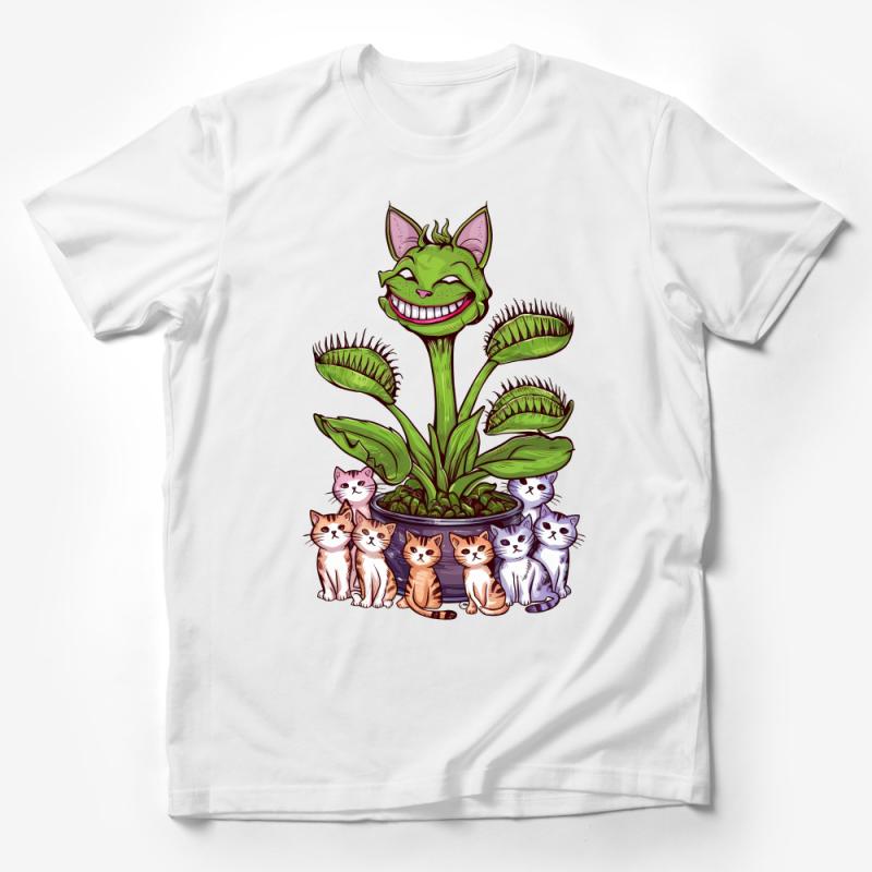 Whimsical Cat Plant T-Shirt, Funny Cheshire-Cat Venus Flytrap Tee, Unique Graphic Shirt for Cat Lovers, Unisex Top Male T-Shirt