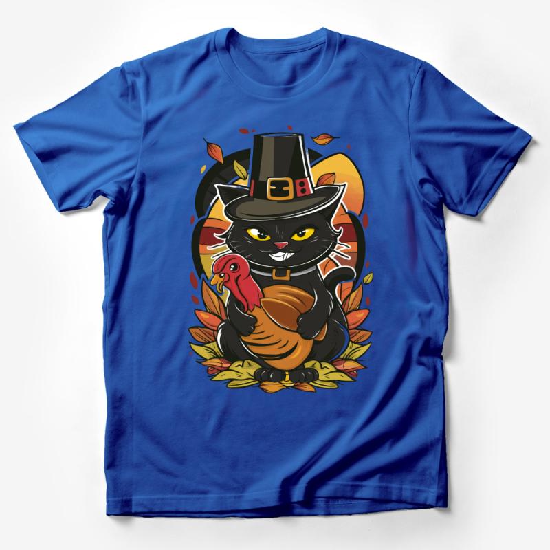 Black Cat Thanksgiving T-Shirt, Cute Pilgrim Cat with Turkey, Fall Leaves Unisex Tee, Funny Autumn Holiday Apparel, Gift Idea Male T-Shirt