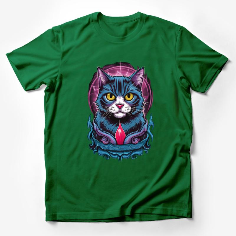 Cool Cat T-Shirt, Colorful Feline Graphic Tee, Mystical Cat with Flames Unisex Shirt, Casual Wear for Cat Lovers, Pet Art Clothing Male T-Shirt